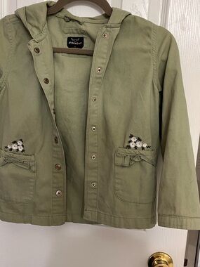 Victory Heart Child Sz 8 Olive Green Hooded Utility Jacket with Ditsy embroidery